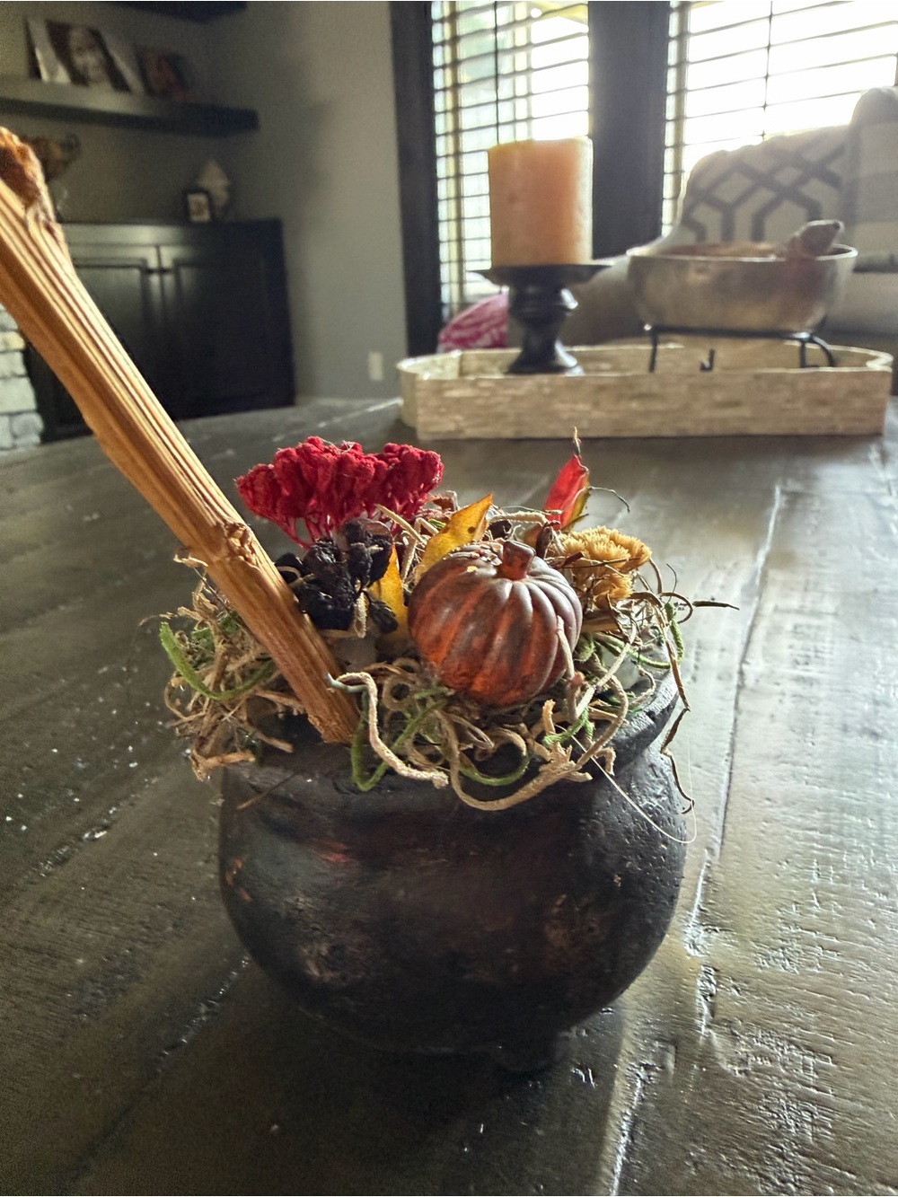 Rustic Chalkware Cauldron with Autumn Floral Accents Signed by artist Lea